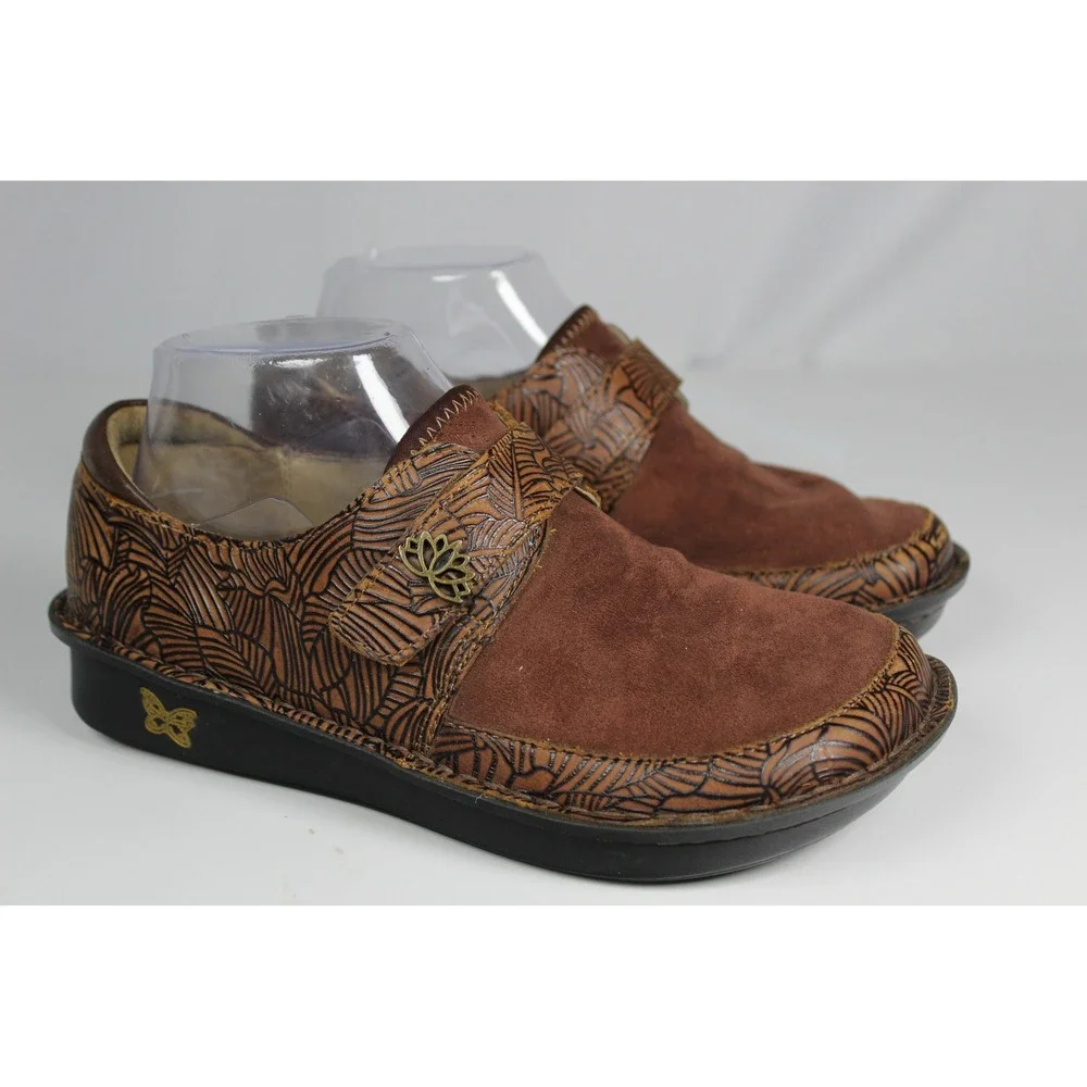 Alegria Paloma Brown Embossed Leather Suede Mary Jane Comfort Shoes Womens 38